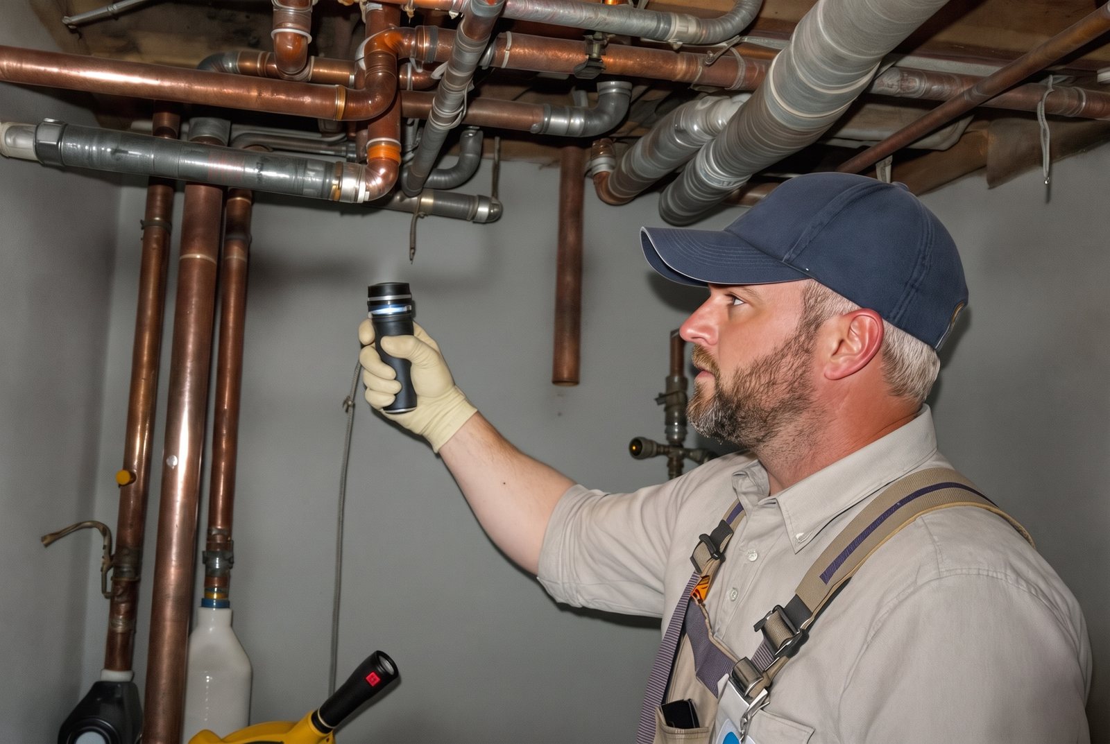 Inspecting pipes in basement
